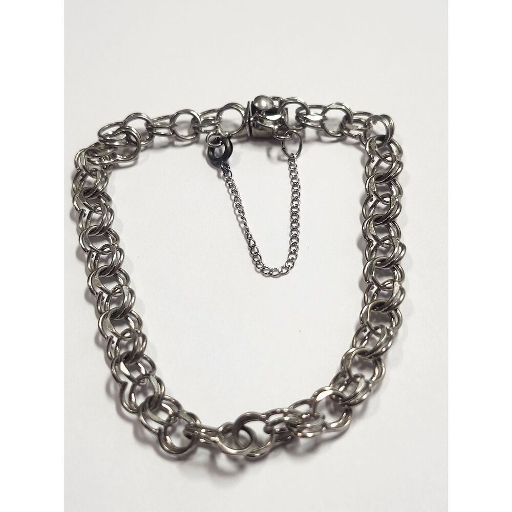 Sterling Silver Double Wire Link Charm Starter Bracelet Vintage 7in Mid Century